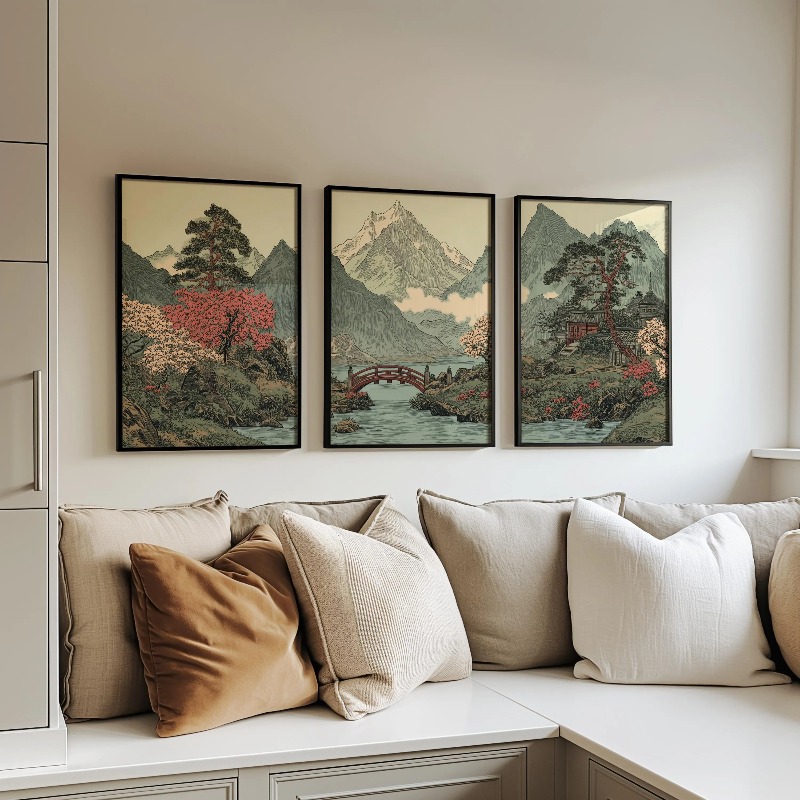 Home Decor Japandi - 3피스 빈티지 일본 산 풍경 벽