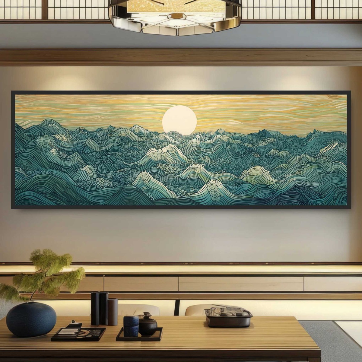 Home Decor Japandi - 일본 우키요에 문 웨이브 캔버스 프린트