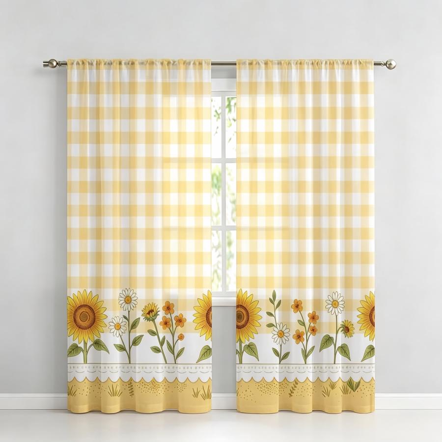 2개 디지털 프린트 시스루 커튼, 노란색 체크무늬 해바 - Home Decor Yellow 리뷰 및 가격