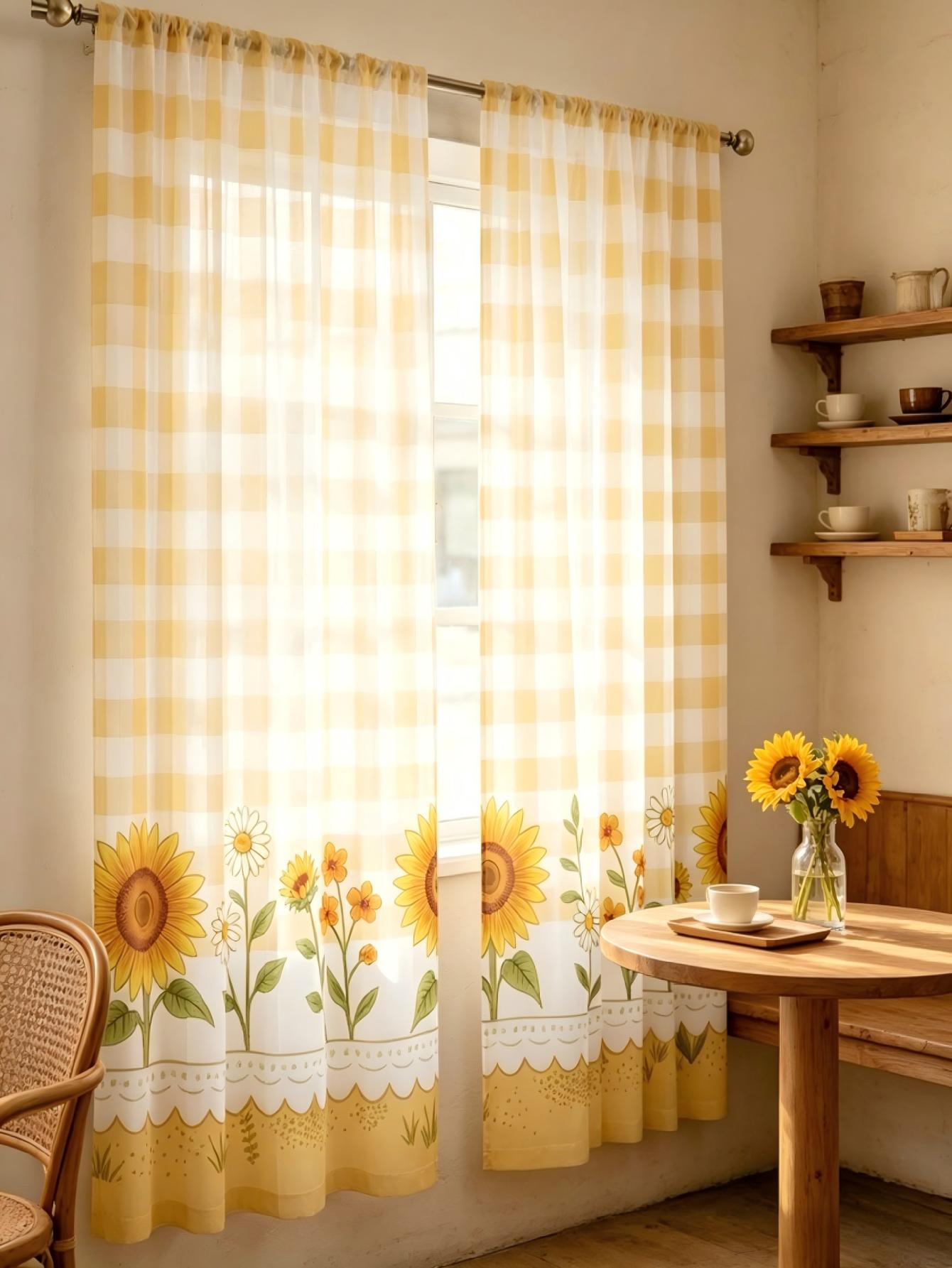 2개 디지털 프린트 시스루 커튼, 노란색 체크무늬 해바 - Home Decor Yellow 리뷰 및 가격