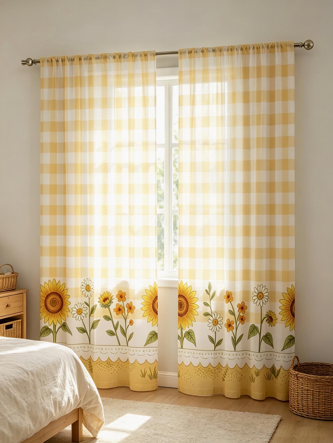 2개 디지털 프린트 시스루 커튼, 노란색 체크무늬 해바 - Home Decor Yellow 리뷰 및 가격