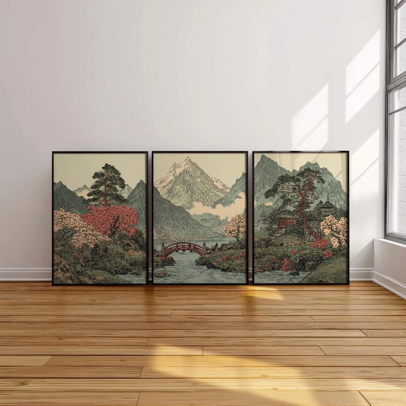 3피스 빈티지 일본 산 풍경 벽 장식, 우키요에 소나무 - Home Decor Japandi 리뷰 및 가격