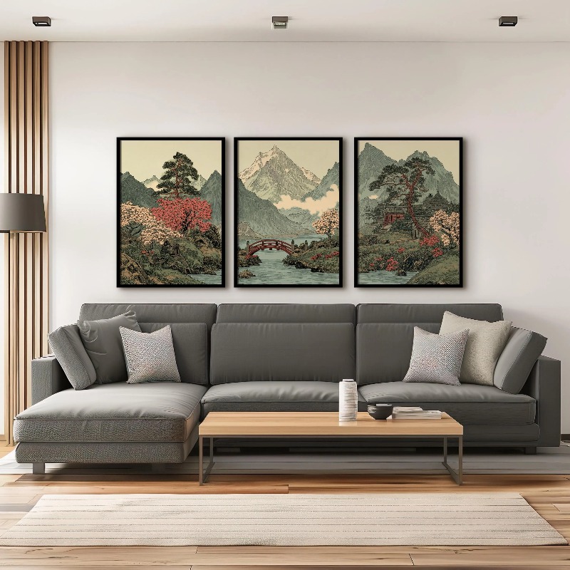 3피스 빈티지 일본 산 풍경 벽 장식, 우키요에 소나무 - Home Decor Japandi 리뷰 및 가격